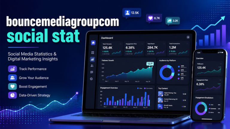 BounceMediaGroup.com social stats dashboard showing engagement, followers, reach, impressions, and referral traffic.