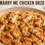 Marry me chicken orzo with spinach and sun-dried tomatoes in a skillet