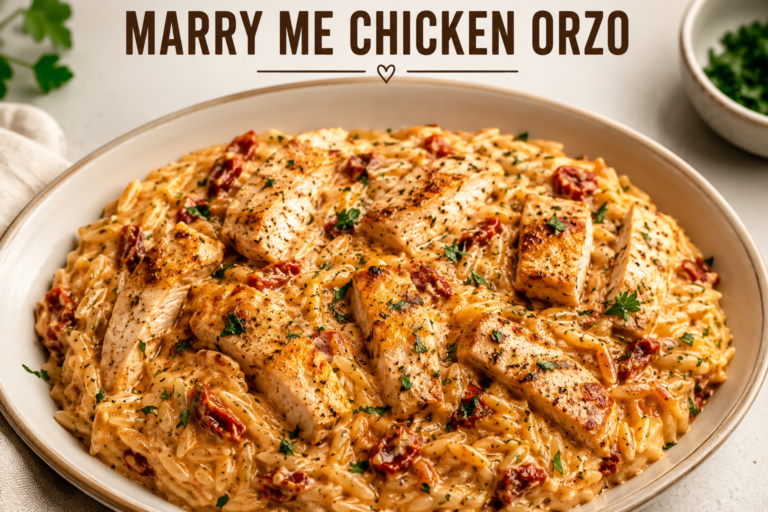 Marry me chicken orzo with spinach and sun-dried tomatoes in a skillet
