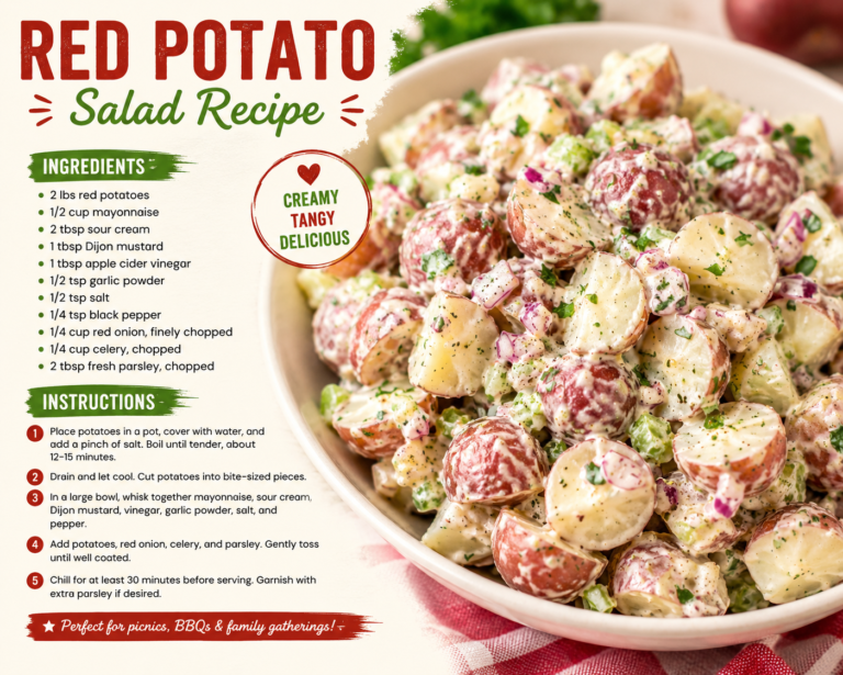 Homemade red potato salad recipe with creamy dressing and fresh dill