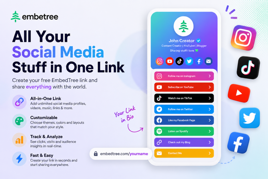 Social media stuff EmbedTree dashboard with organized social media links and embedded content.