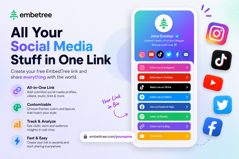 Social media stuff EmbedTree dashboard with organized social media links and embedded content.