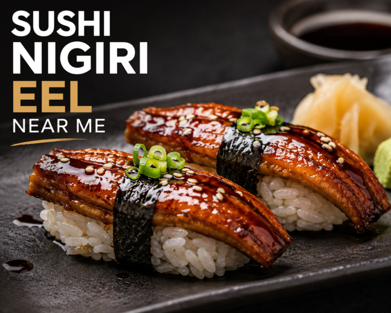 Glazed unagi sushi nigiri eel served on seasoned rice at a Japanese restaurant.