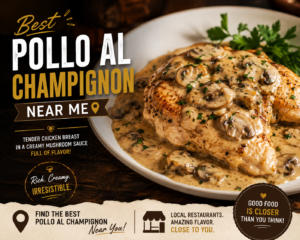 Best pollo al champignon near me served with creamy mushroom sauce and mashed potatoes.