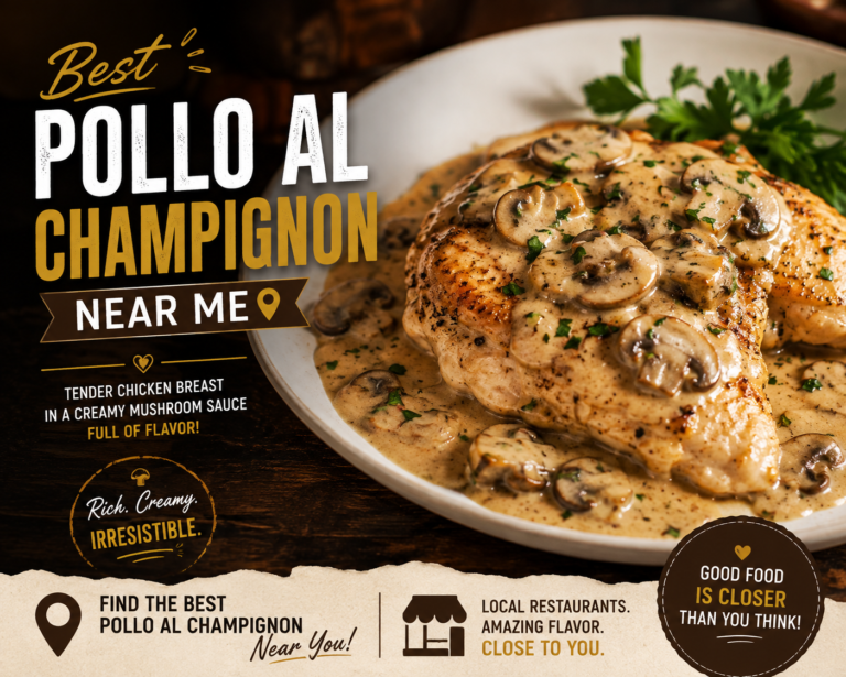 Best pollo al champignon near me served with creamy mushroom sauce and mashed potatoes.