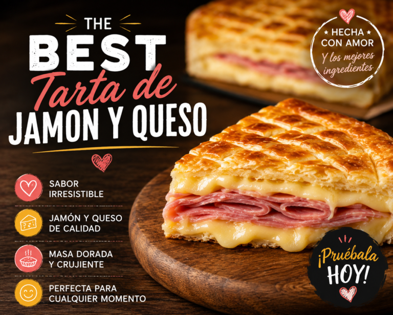 Best tarta de jamon y queso near me, shown as a golden savory tart filled with sliced ham and melted cheese.